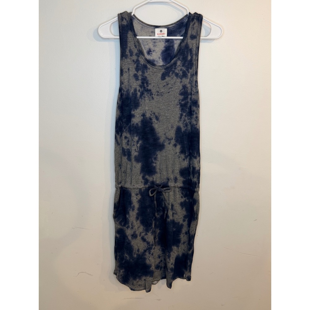 Sundry Blue Tie Dye Tank Dress Sleeveless Drawstring Waist Mini Size 2 Medium - Picture 2 of 9